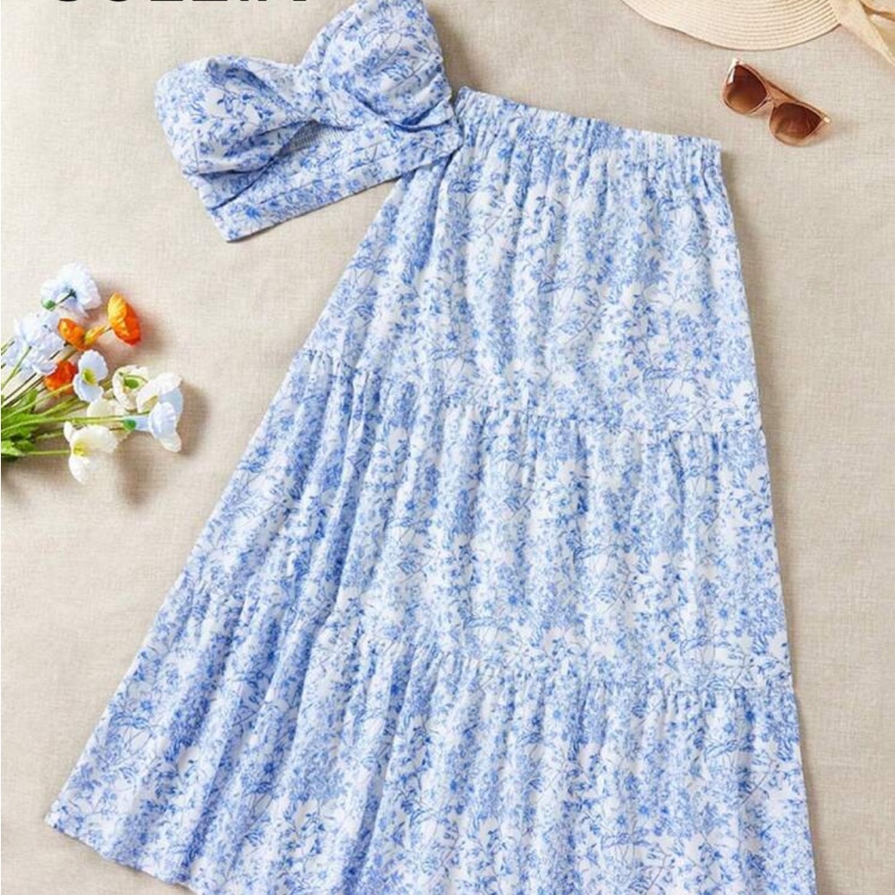 SHEIN Blue and White Floral Skirt Set